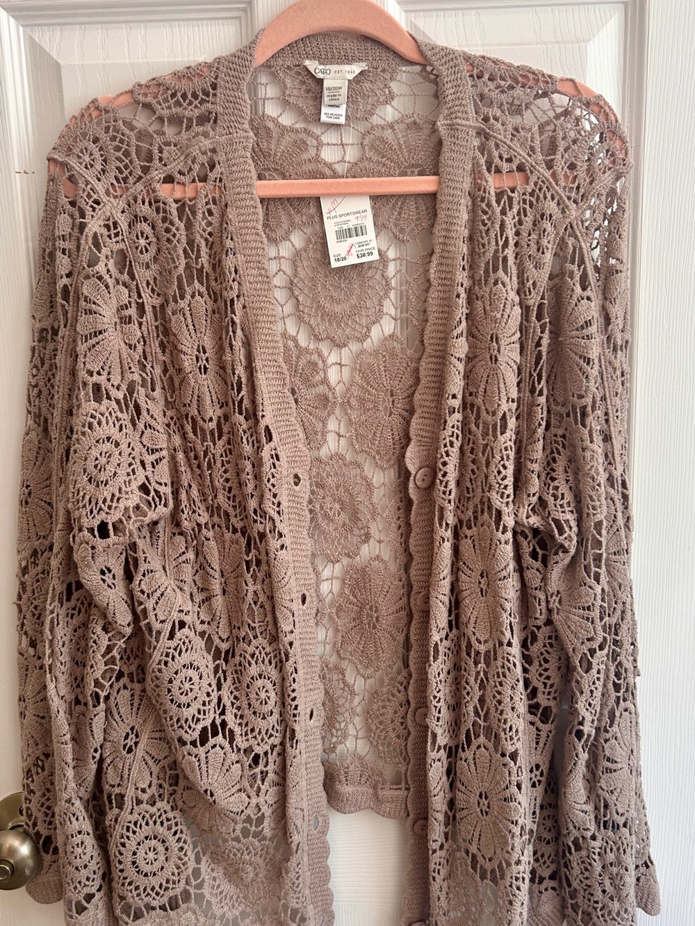 Cato Crochet Openwork Cardigan in Taupe